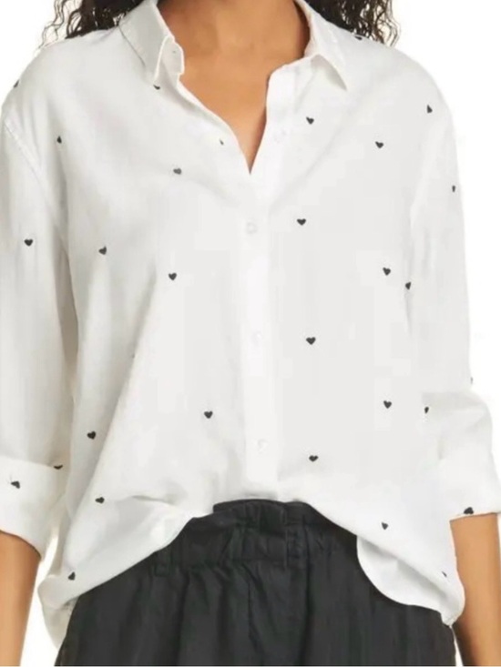 Rails Tops - Rails White Button-Down Shirt with Black Heart Print
